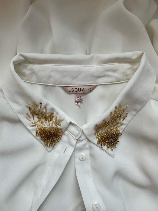 ESQUALO Tops - ESQUALO gold toned bead-embellished collar sheer blouse, women’s size 8